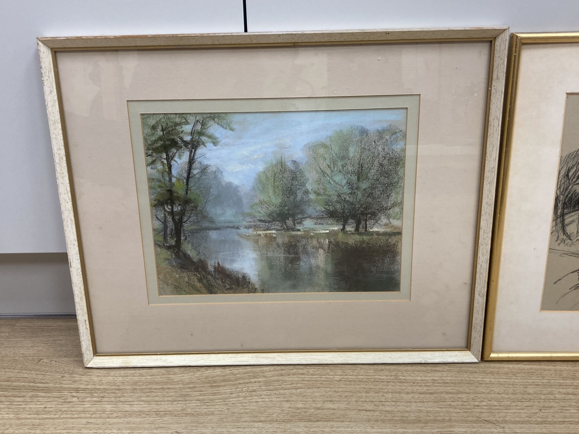 R.W. Batcheler, charcoal sketch, Mountain landscape, signed and dated 1957, 28 x 44cm and a pastel, Springtime on the windrush by A.